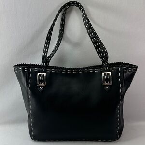 Black BCBGMaxAzria Leather White Heavy Stitch Tote Shoulder Handbag Purse